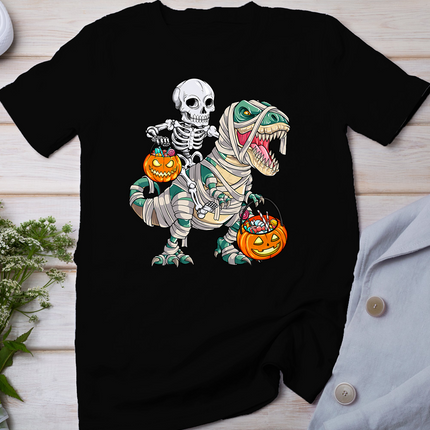 Skeleton Riding Mummy Dinosaur T Rex Halloween Funny Pumpkin T-Shirt