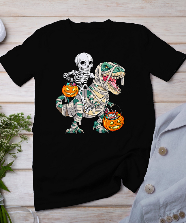 Skeleton Riding Mummy Dinosaur T Rex Halloween Funny Pumpkin T-Shirt