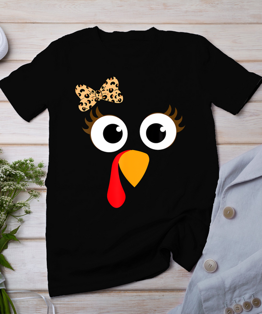 Turkey Face Girl Leopard Bow Thanksgiving Costume Turkey T-Shirt