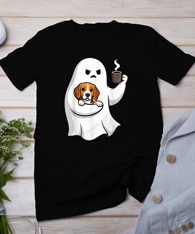 Cute Ghost Beagle Spooky Dog Funny Coffee Lover Halloween T-Shirt