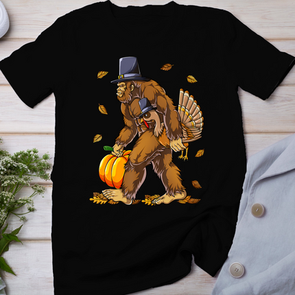 Bigfoot Pilgrim Turkey Pumpkin Thanksgiving Day Boys Men T-Shirt