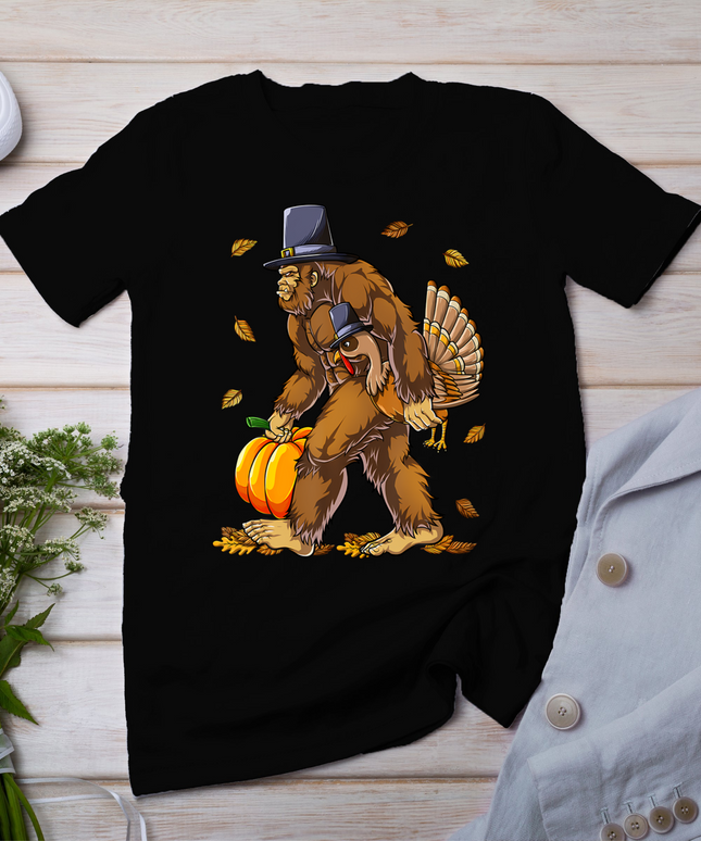 Bigfoot Pilgrim Turkey Pumpkin Thanksgiving Day Boys Men T-Shirt