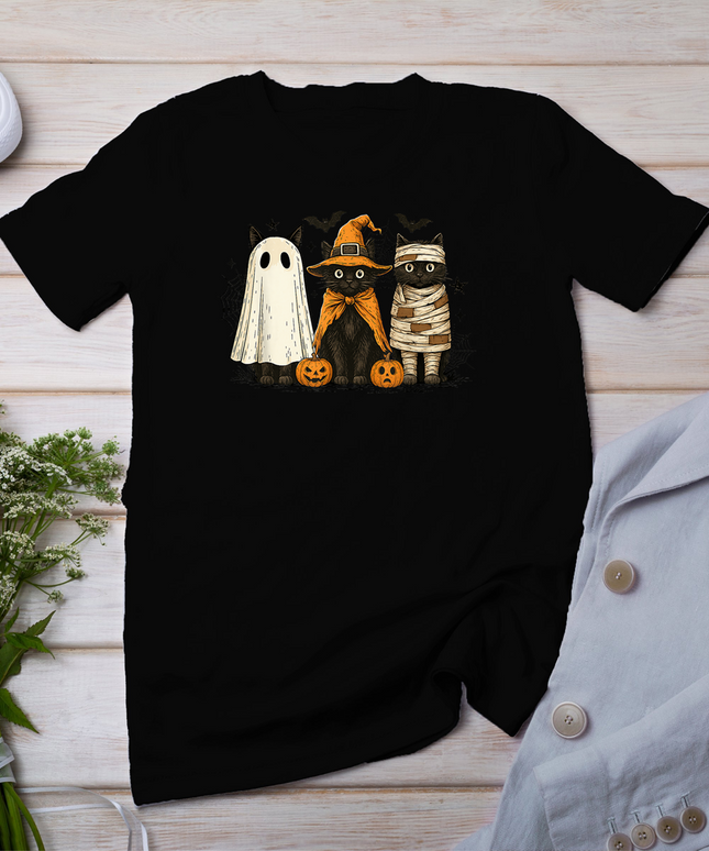 Retro Black Cat Witch Scary Halloween Pumpkin Women Men Kids T-Shirt