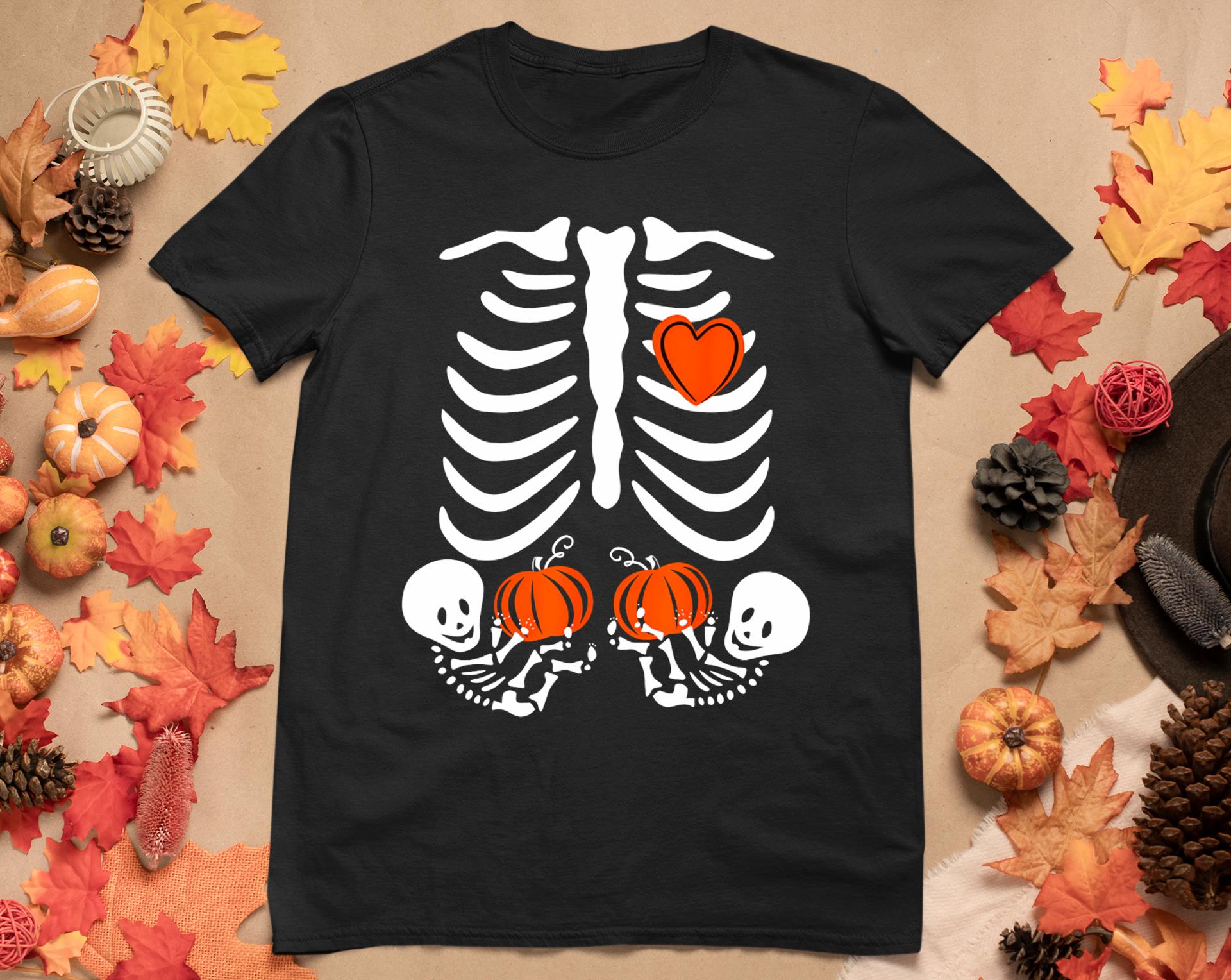 Skeleton Twin Pregnancy Announcement Halloween Pregnant Mom T-Shirt