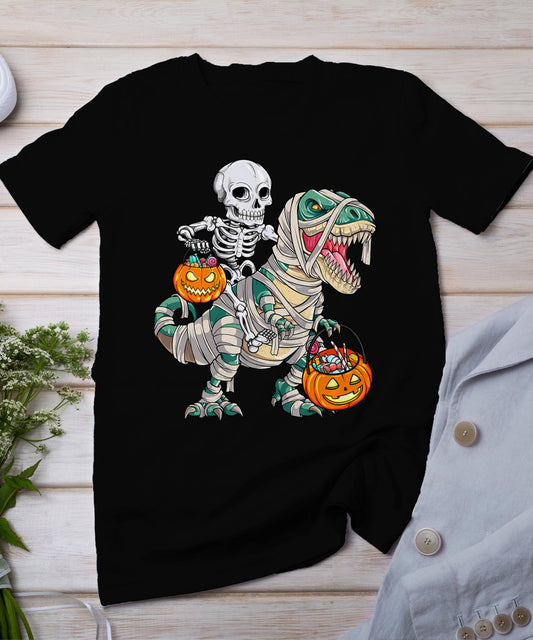 Skeleton Riding Mummy Dinosaur T Rex Halloween Funny Pumpkin T-Shirt