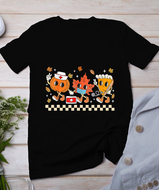 Retro Nurse Thanksgiving Pumpkin Pie Leaves Thankful Nurse T-Shirt