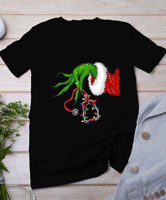 Funny Nurse Christmas Stethoscope Nurses Xmas Lights Pajamas T-Shirt