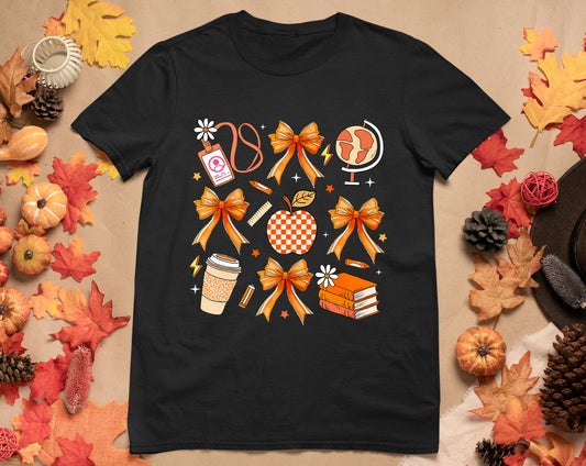 Retro Coquette Bow Teacher Fall Autumn Thanksgiving T-Shirt