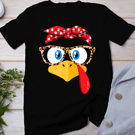 Thanksgiving Turkey Face Leopard Print Glasses Women Girls T-Shirt