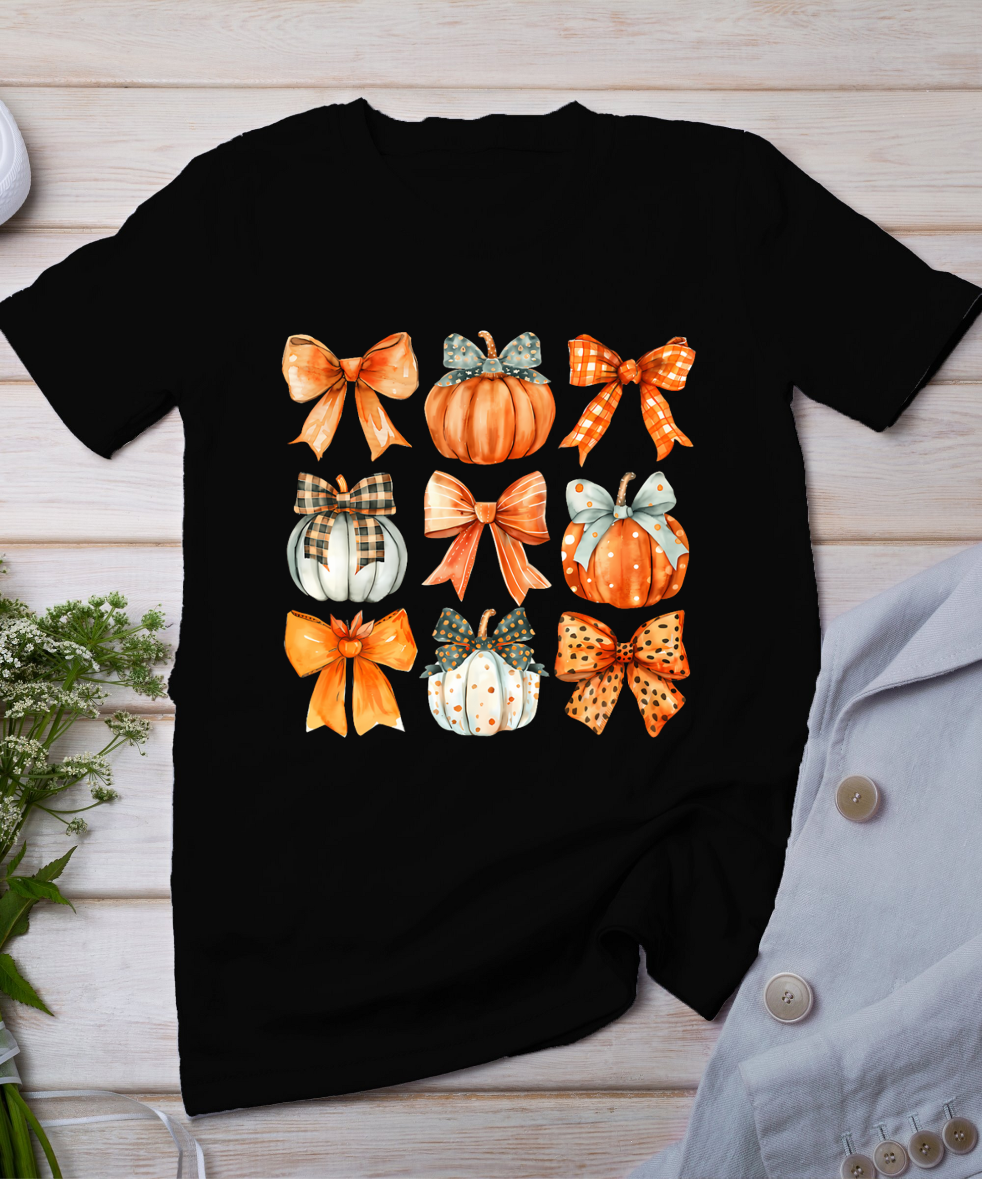 Coquette Bow Pumpkin Season Thanksgiving Autumn Fall Leaves T-Shirt