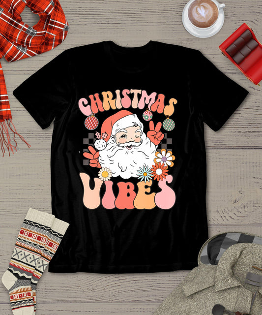 Vintage Groovy Santa Claus Christmas Vibes Womens Kids Girls T-Shirt