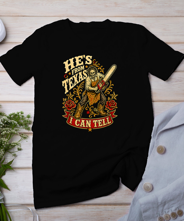 Hes from Texas I Can Tell Horror Skeleton Cowboy Halloween T-Shirt