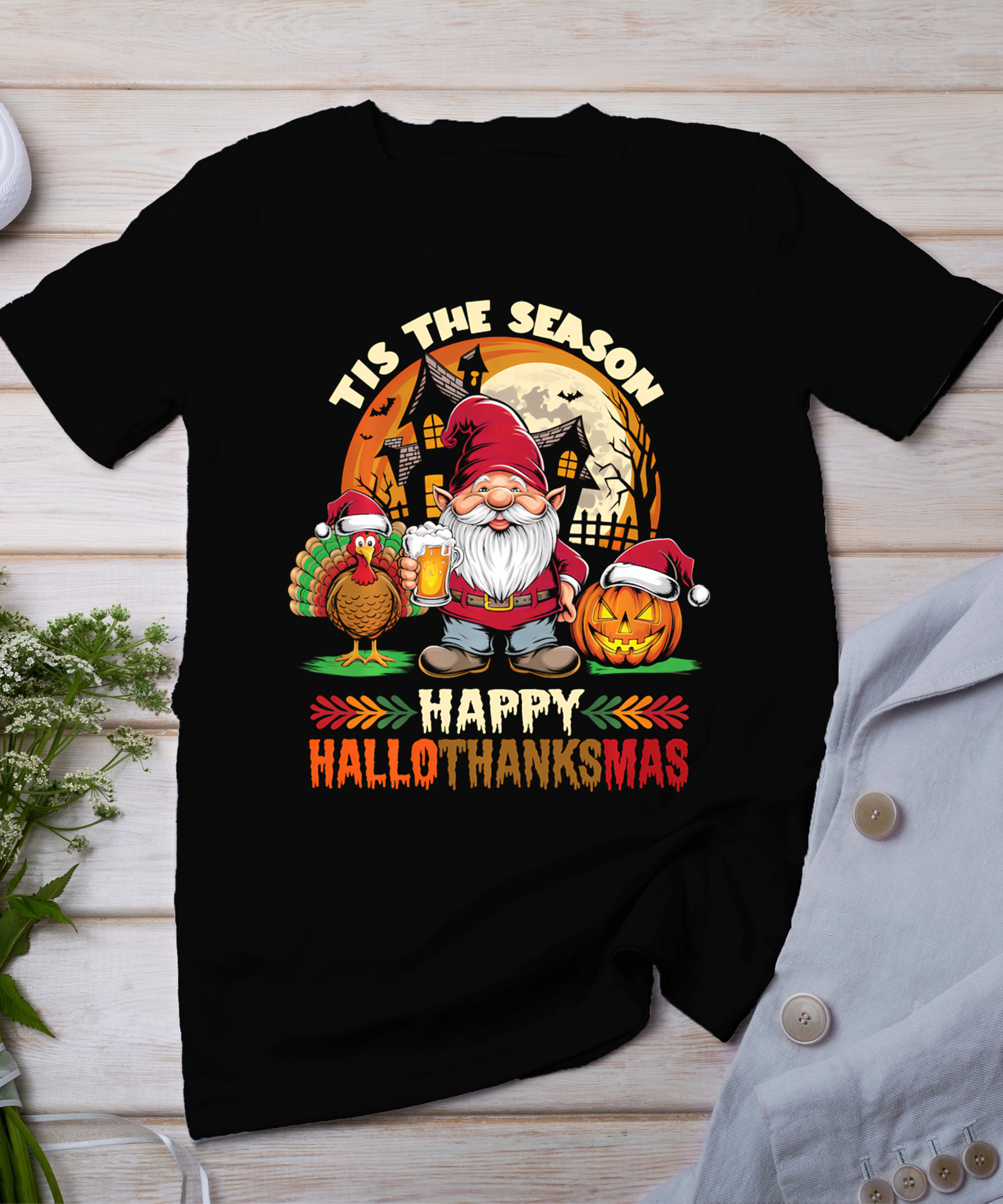 Happy Hallothanksmas Halloween Thanksgiving Merry Christmas T-Shirt