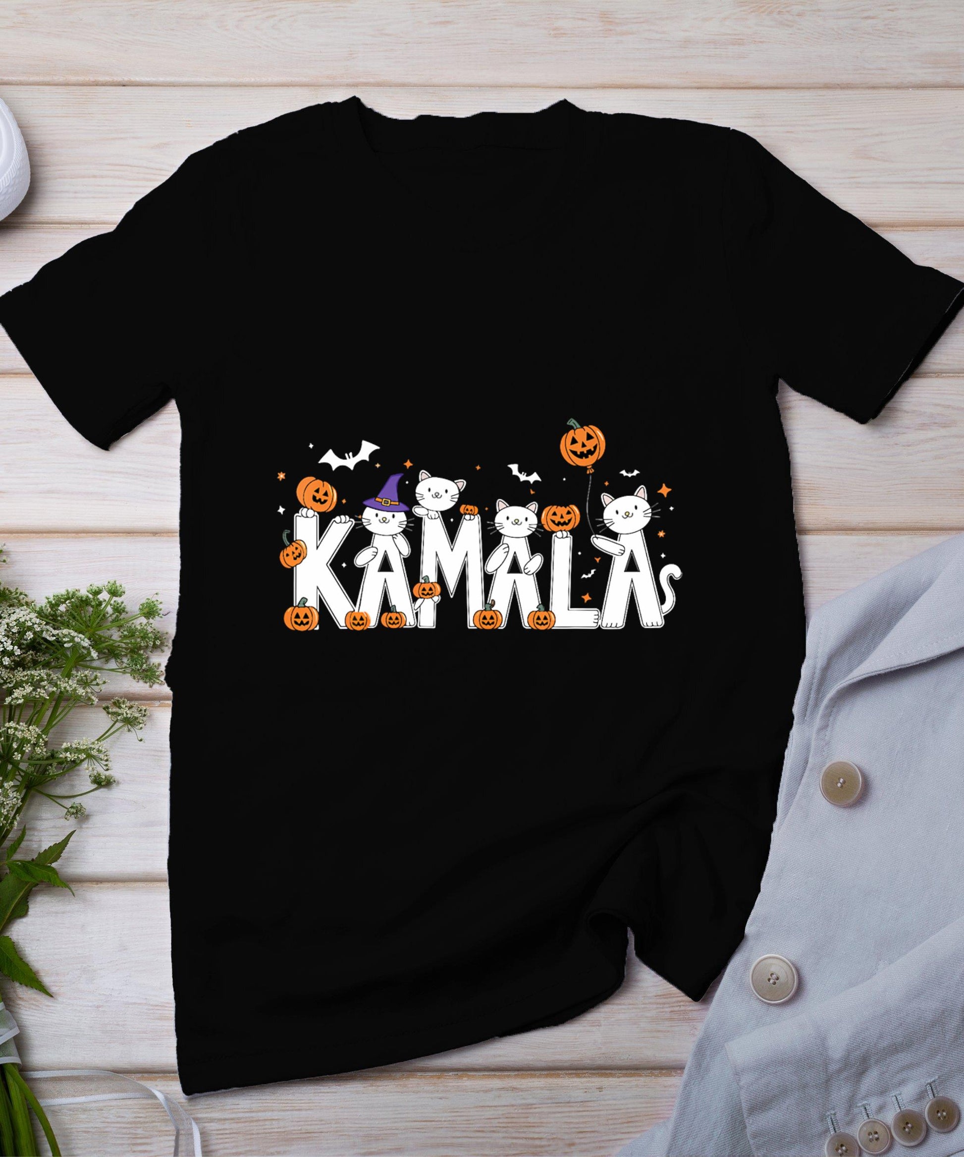 Kamala Halloween Cat Kamala Haris Pumpkin Witch Hat Cat Lady T-Shirt