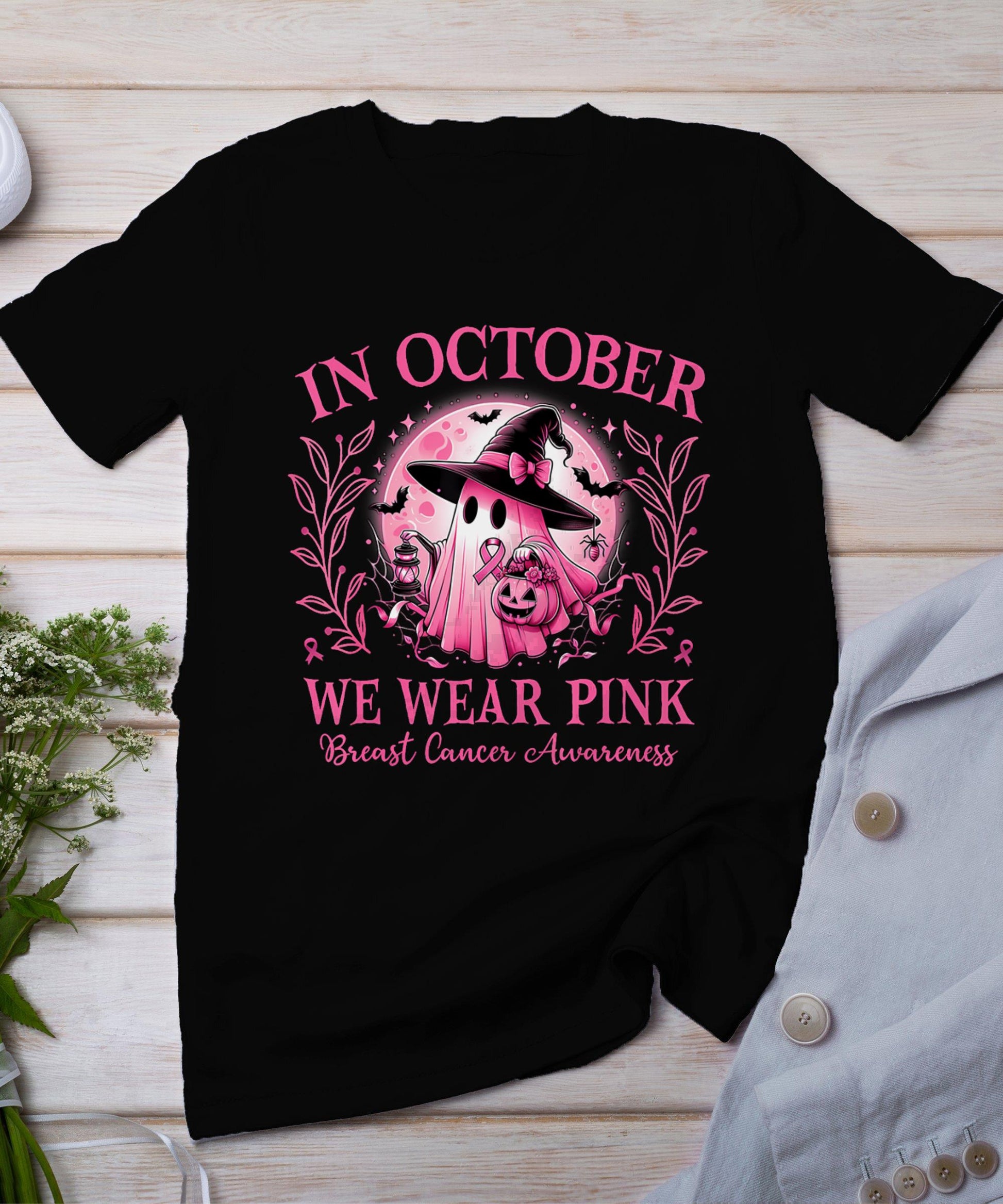 October We Wear Pink Breast Cancer Awareness Halloween Ghost T-Shirt