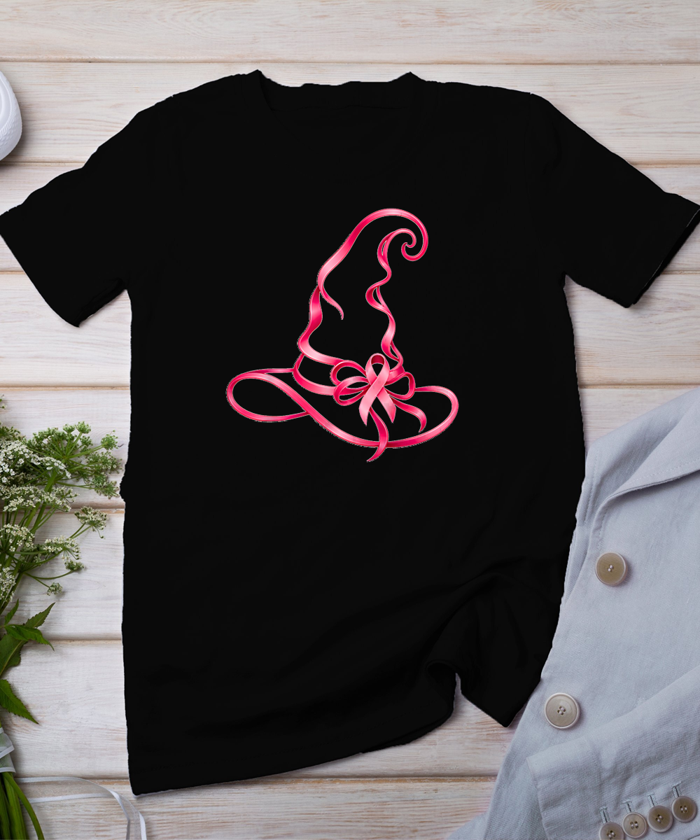 Pink Ribbon Witch Hat Breast Cancer Halloween Women T-Shirt