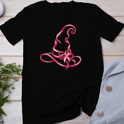 Pink Ribbon Witch Hat Breast Cancer Halloween Women T-Shirt