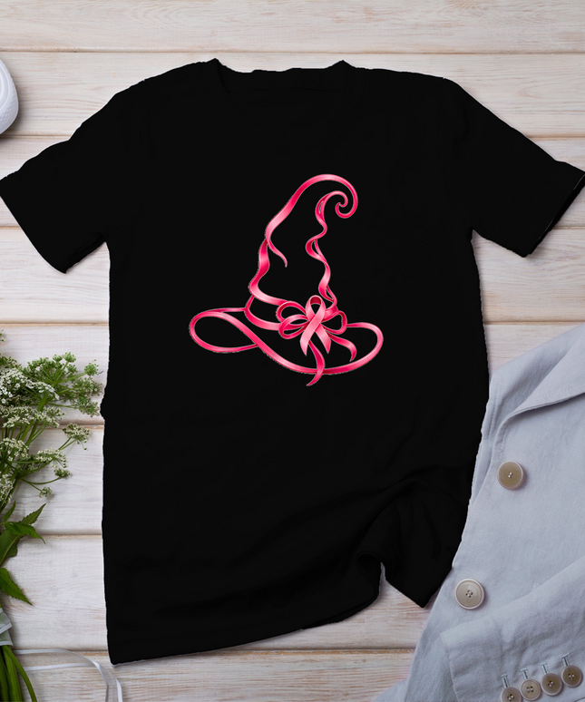 Pink Ribbon Witch Hat Breast Cancer Halloween Women T-Shirt