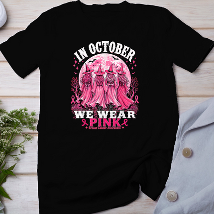 in October We Wear Pink Halloween Breast Cancer Awareness T-Shirt