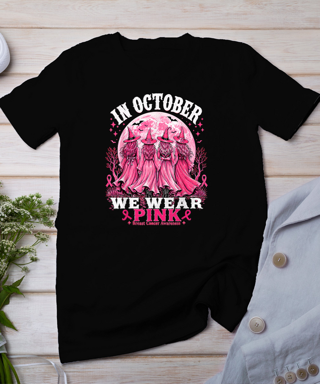 in October We Wear Pink Halloween Breast Cancer Awareness T-Shirt