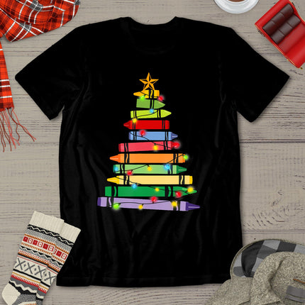 Teacher Christmas Tshirt Crayon Tree Light Gifts Student T-Shirt
