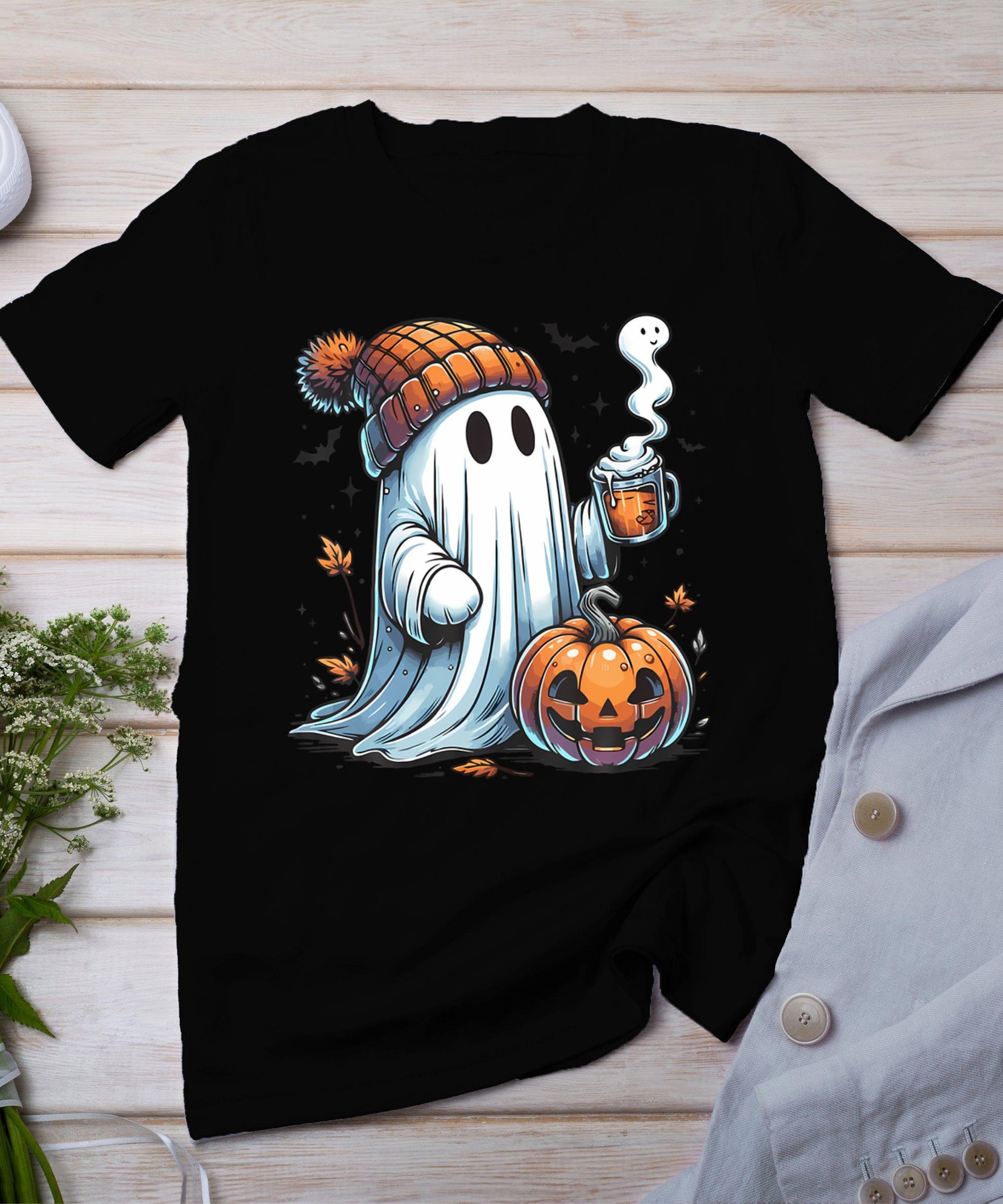 Cute Ghost Drinking Coffee Halloween Ghost Coffee Womens T-Shirt