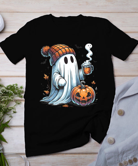 Cute Ghost Drinking Coffee Halloween Ghost Coffee Womens T-Shirt