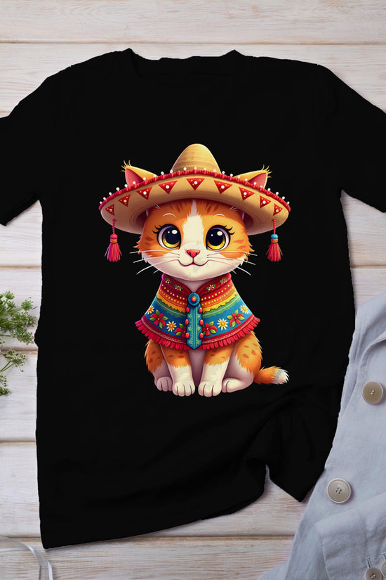 Cinco De Mayo Cute Mexican Cat Sombrero Poncho Cinco De Meow T-Shirt