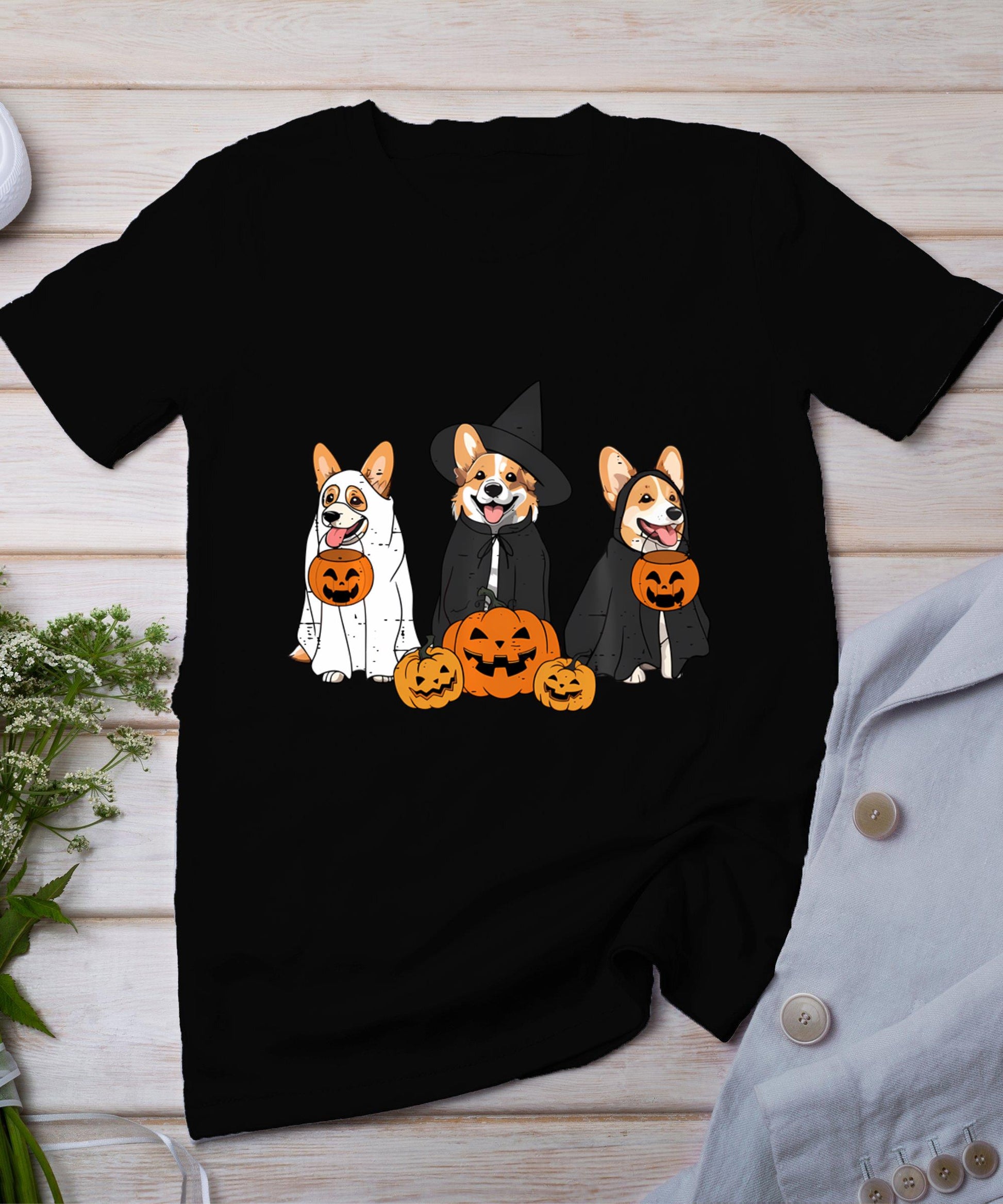 Retro Funny Ghost And Witch Corgi Dog Pumpkin Halloween Cute T-Shirt