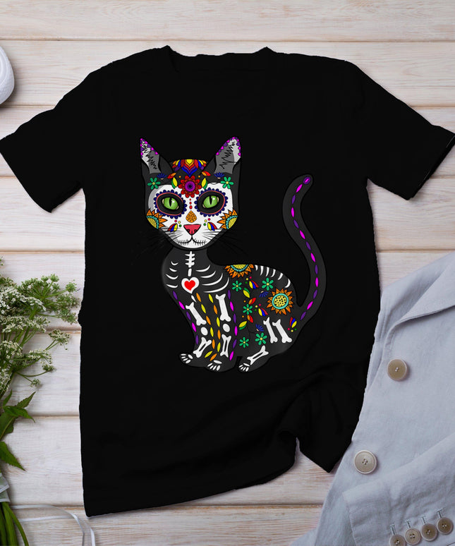 Cute Sugar Skull Mexican Cat Halloween Day Of The Dead T-Shirt