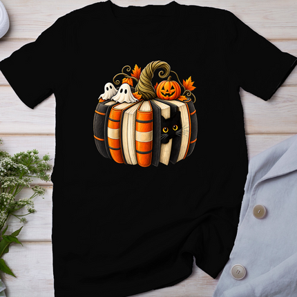 Halloween Book Lover Black Cat Ghost Pumpkin Witchy Reading T-Shirt