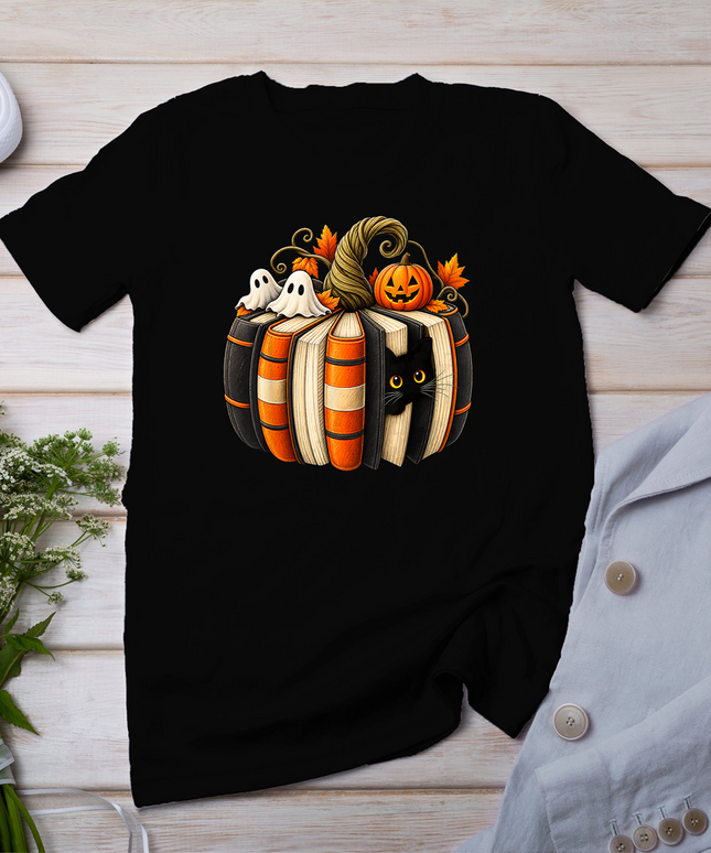Halloween Book Lover Black Cat Ghost Pumpkin Witchy Reading T-Shirt