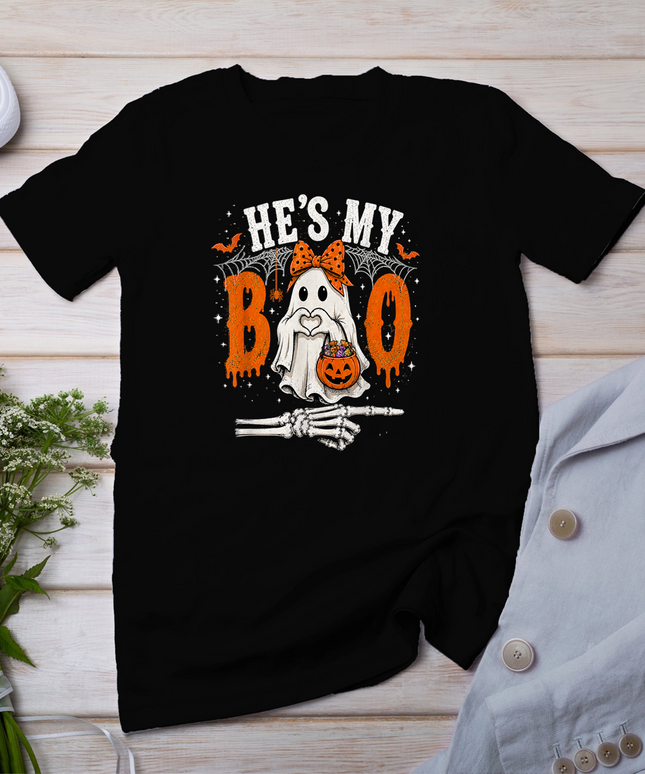 He's My Boo Cute Ghost Halloween Matching Couple T-Shirt