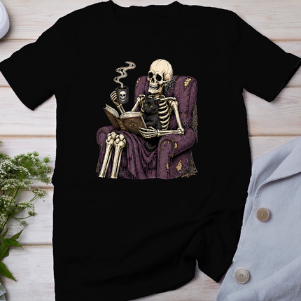 Skeleton Reading with Black Cat Funny Halloween Gothic T-Shirt