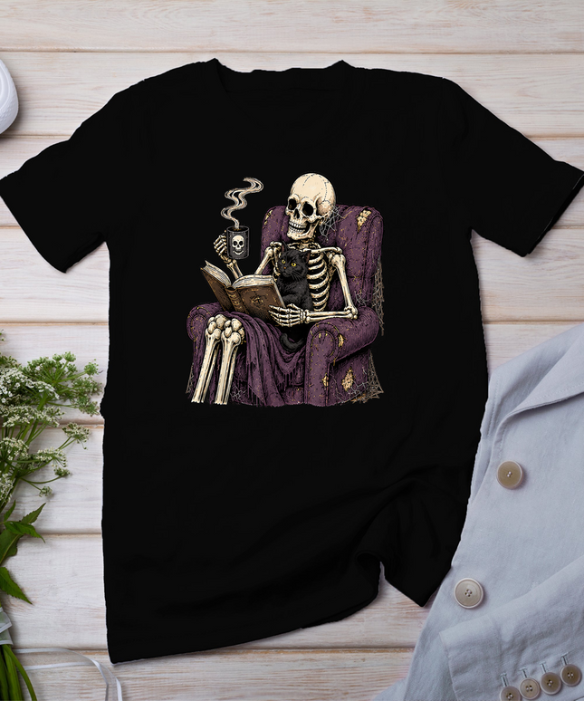 Skeleton Reading with Black Cat Funny Halloween Gothic T-Shirt