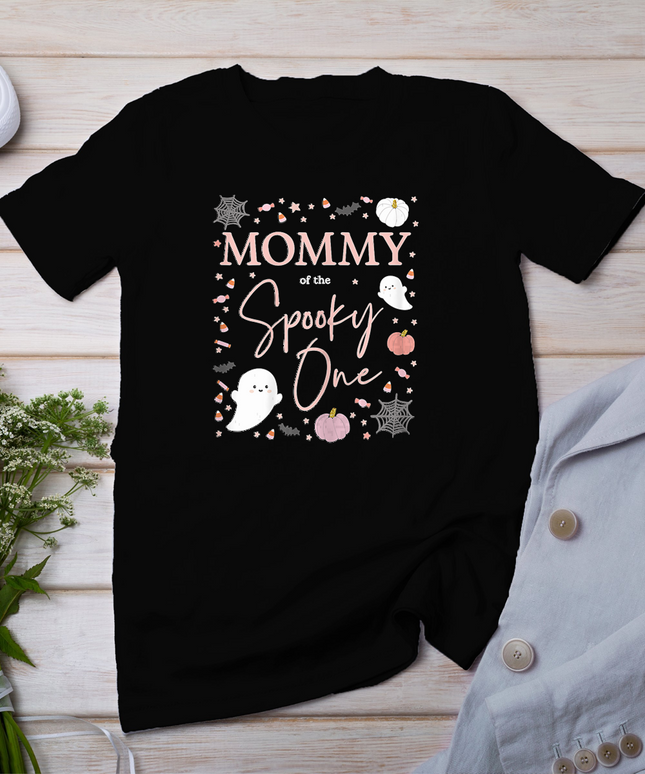 Womens Mommy of the Spooky One Girl First Birthday Pink Halloween T-Shirt