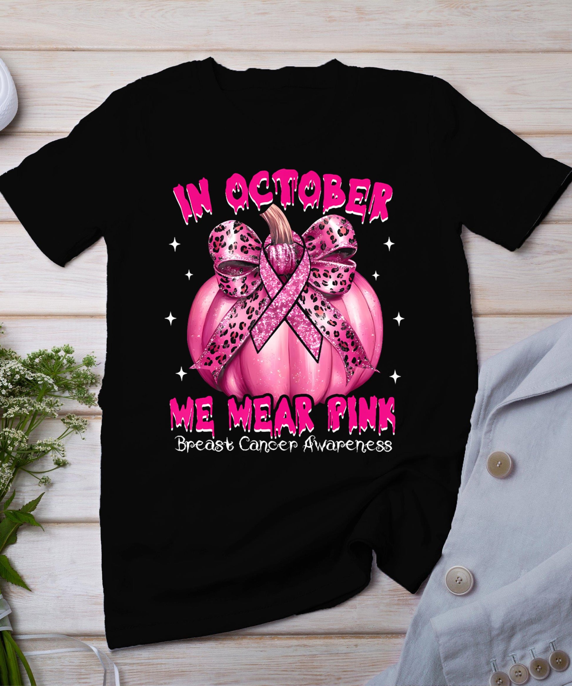 In October We Wear Pink Pumpkin Breast Cancer Awareness Gift T-Shirt