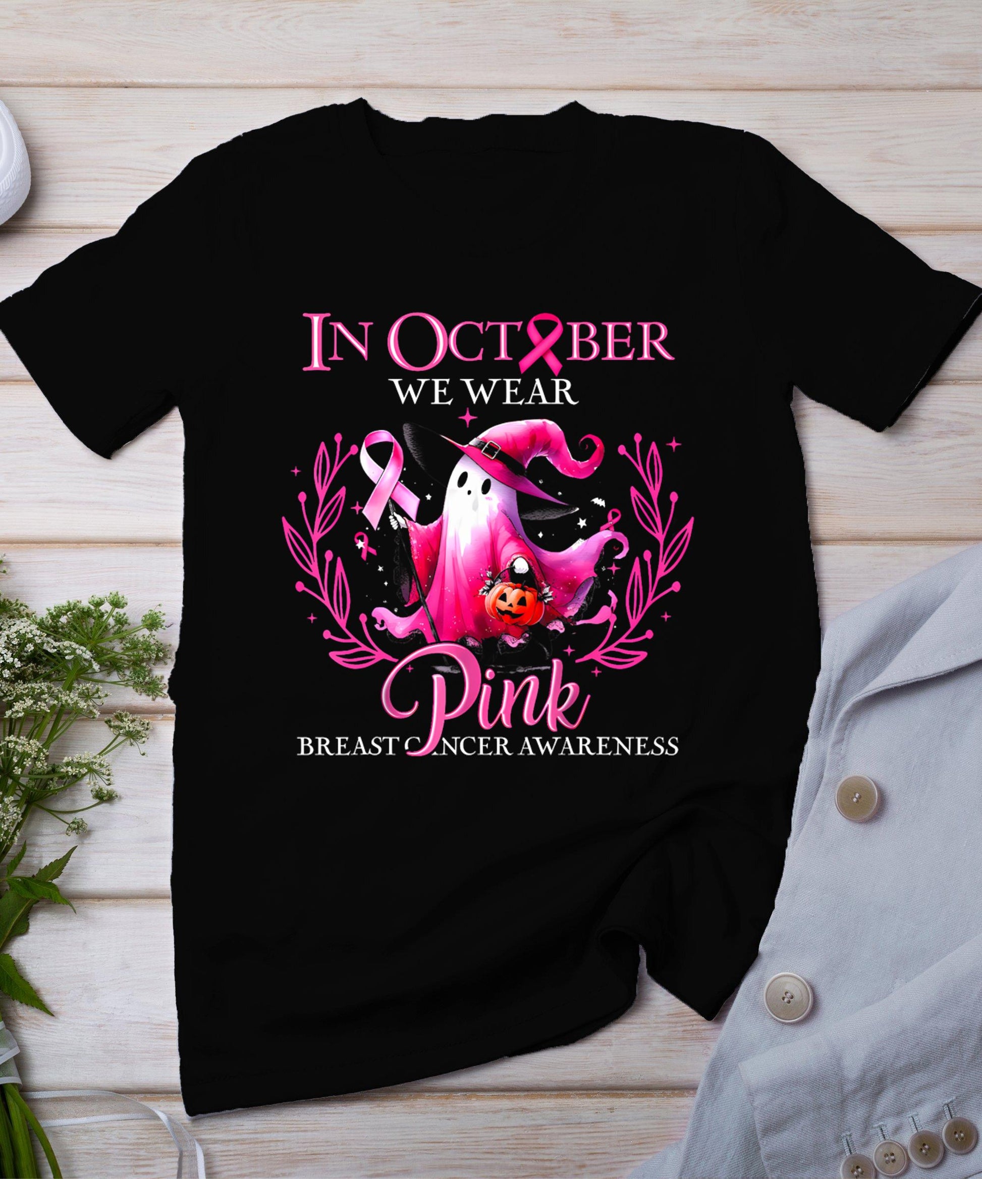 In October We Wear Pink Ghost Witch Breast Cancer Awareness T-Shirt