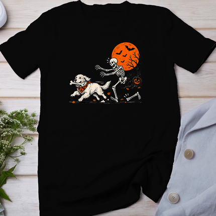 Golden Retriever Dog Stealing Bone from Skeleton Halloween T-Shirt