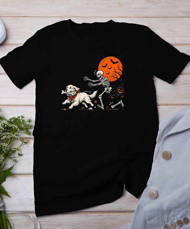 Golden Retriever Dog Stealing Bone from Skeleton Halloween T-Shirt