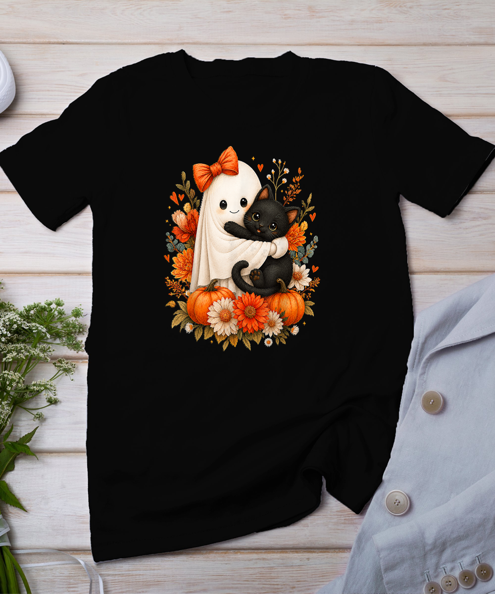 Halloween Cute Ghost Cat Pumpkin Floral Bow Girl Women T-Shirt