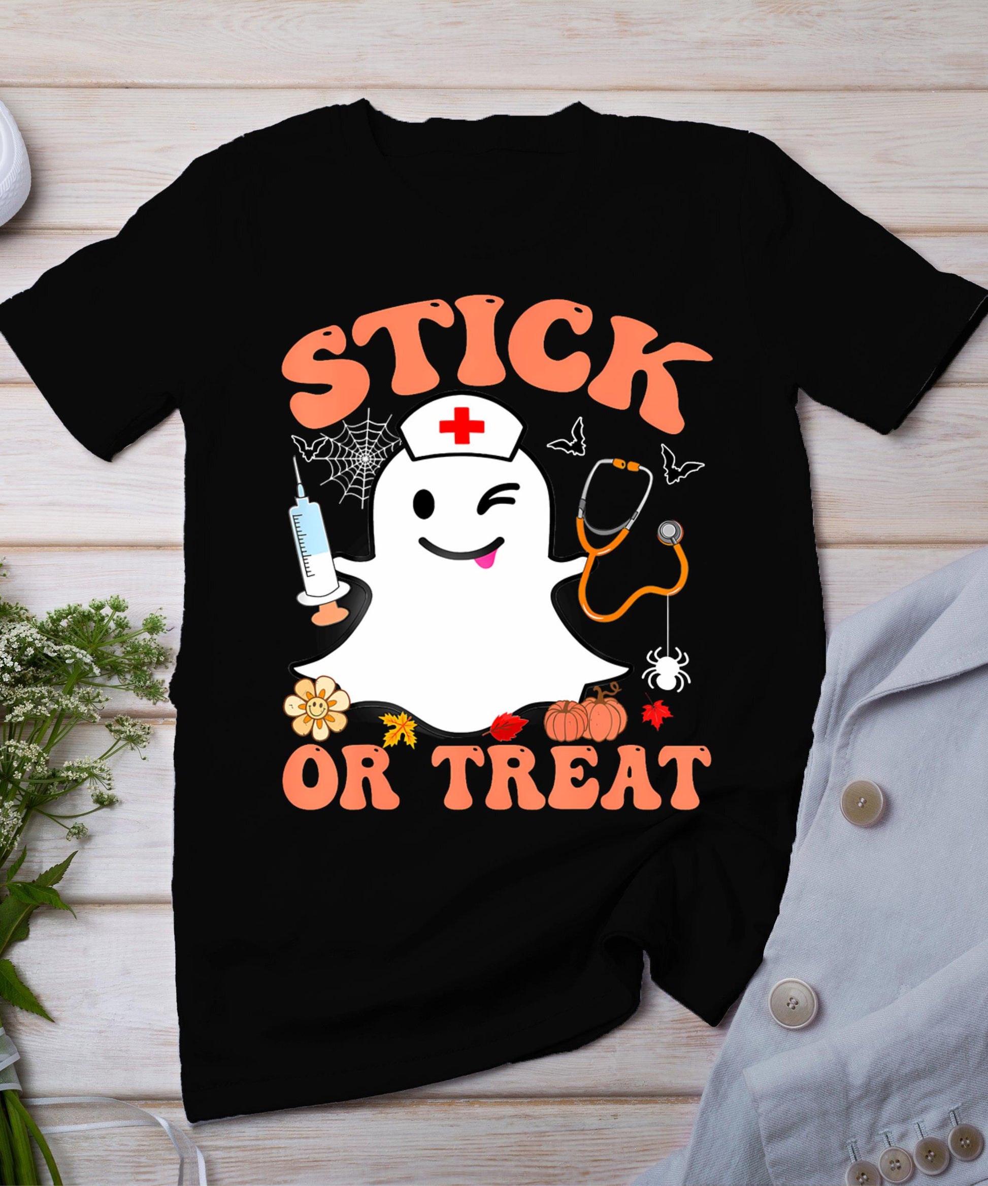 Stick Or Treat Nurse Funny Halloween Costume T-Shirt