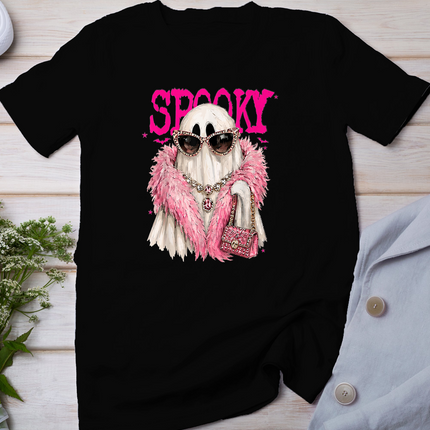 Spooky Ghost Fashion Pink Fur Glam Halloween Graphic Women T-Shirt