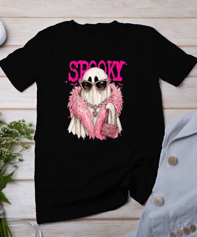 Spooky Ghost Fashion Pink Fur Glam Halloween Graphic Women T-Shirt