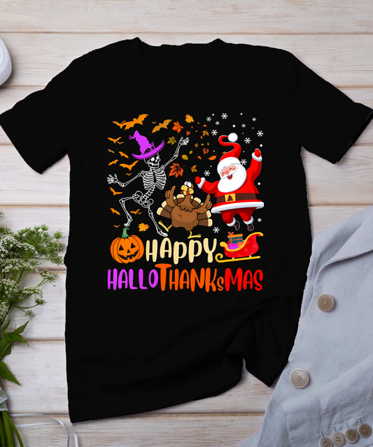 Happy Hallothanksmas Skeleton Pumpkin Turkey Santa Dancing T-Shirt