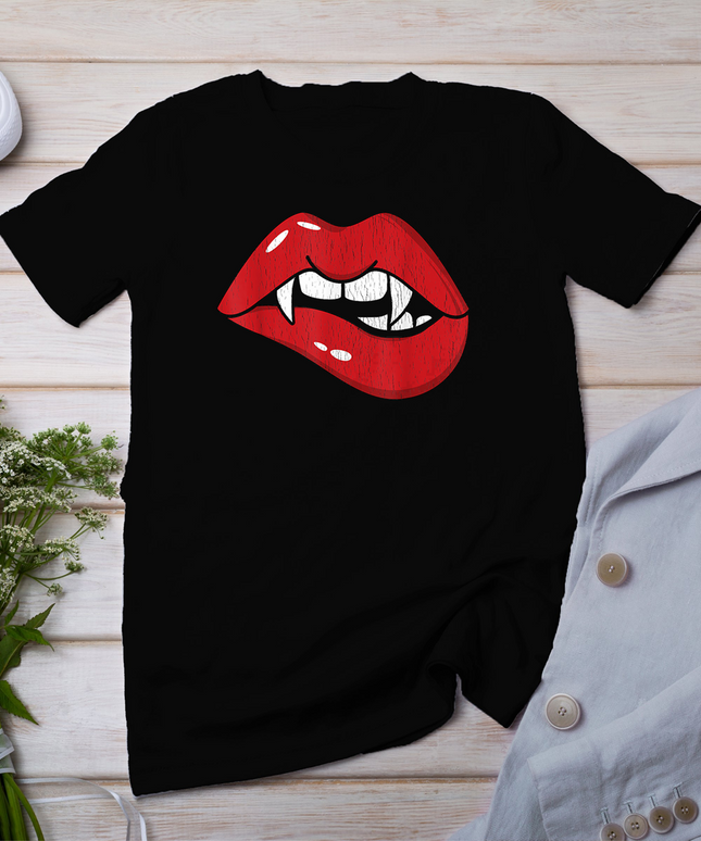 Retro Dracula Vampire Red Lips Teeth Bite Halloween Costume T-Shirt
