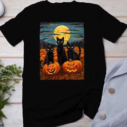 Black Cat Halloween Cat Lovers Starry Night Cat Van Gogh Cat T-Shirt