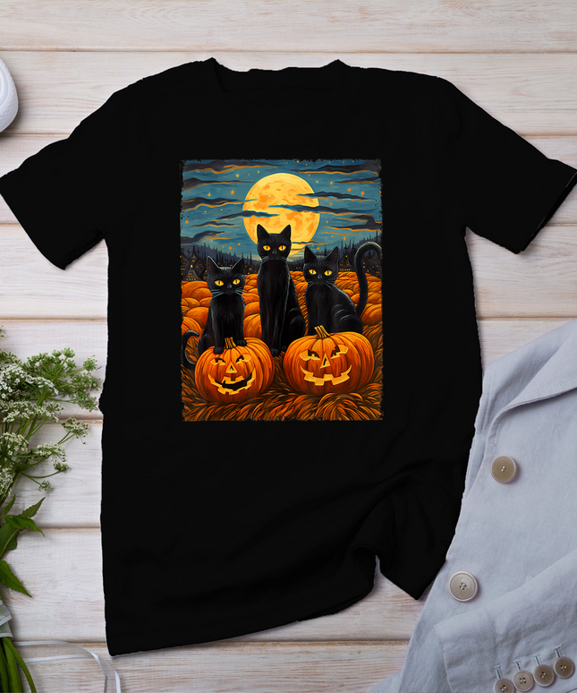 Black Cat Halloween Cat Lovers Starry Night Cat Van Gogh Cat T-Shirt