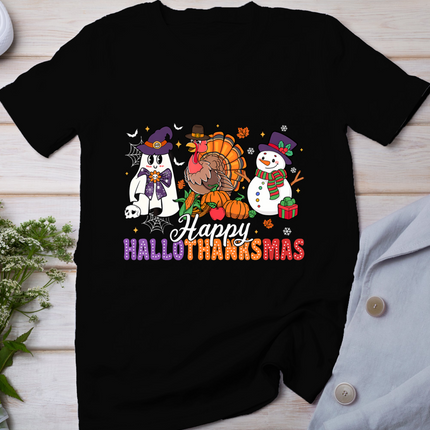 Halloween Thanksgiving Christmas Happy Hallothanksmas Kids T-Shirt