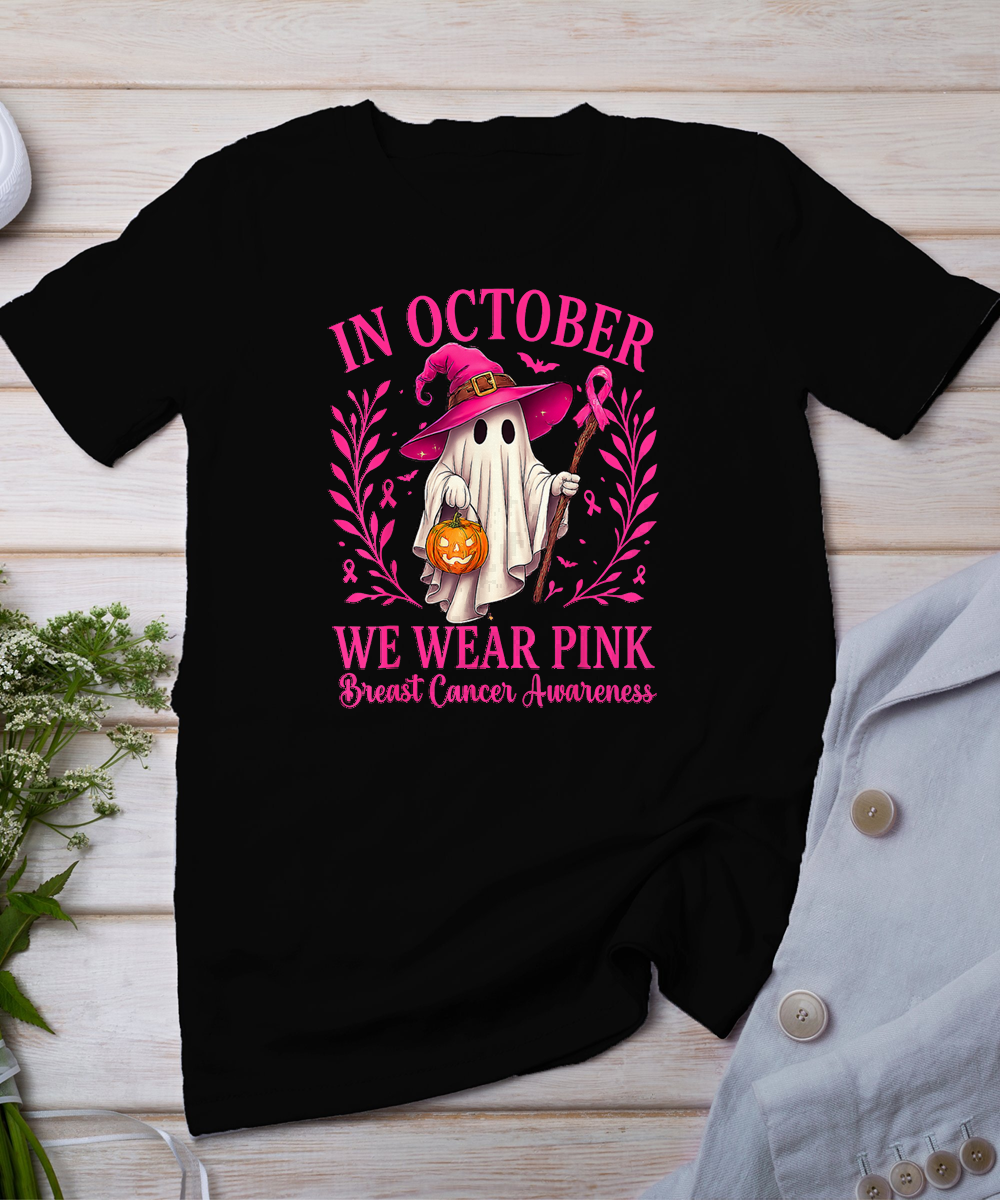 Breast Cancer Halloween in October We Wear Pink Ghost Witch T-Shirt